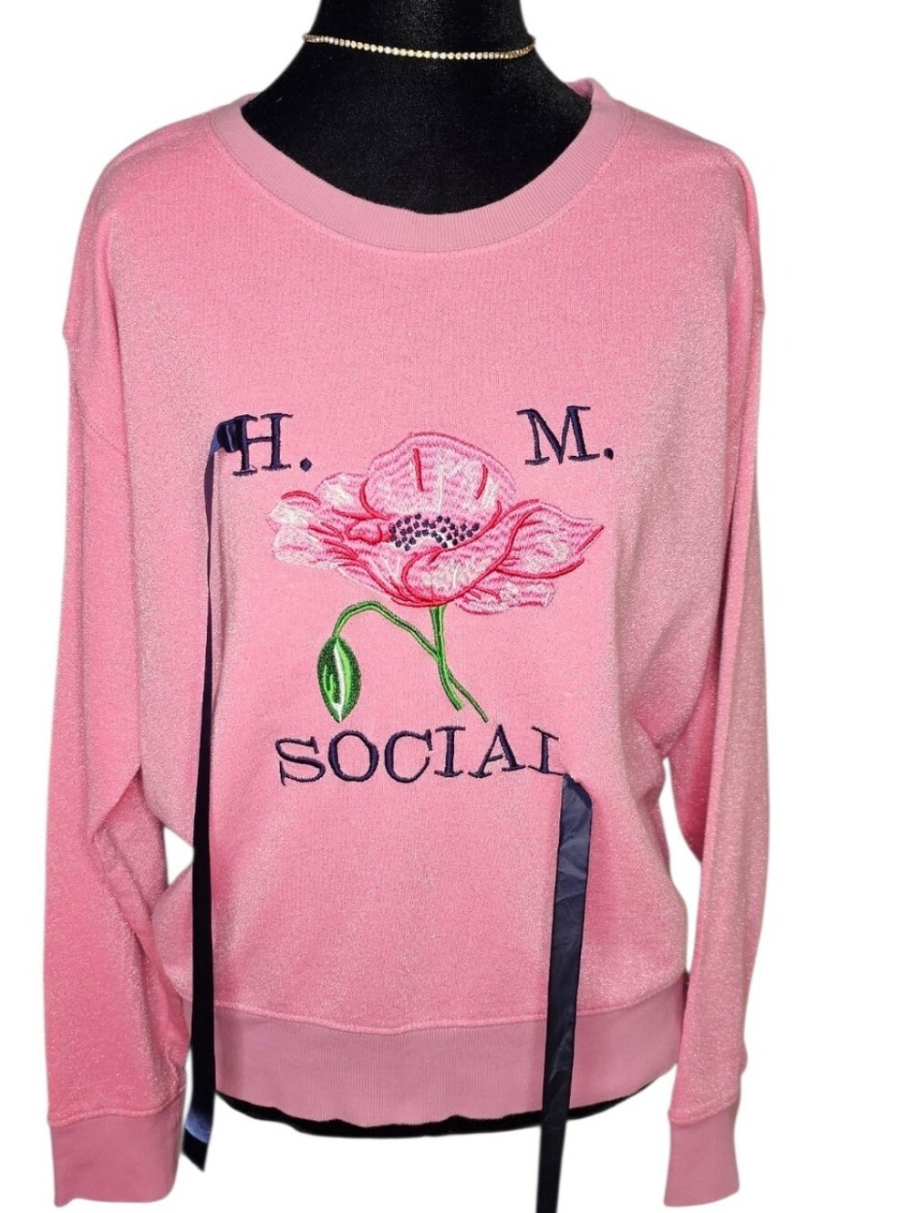 H&M Pink Metallic Shimmer Embroidered Poppy Floral Ribbon Sweatshirt L - Picture 1 of 6